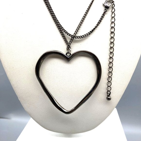 Vintage Heart Pendant Necklace, Gunmetal Chain with Open Outline - Picture 2 of 4